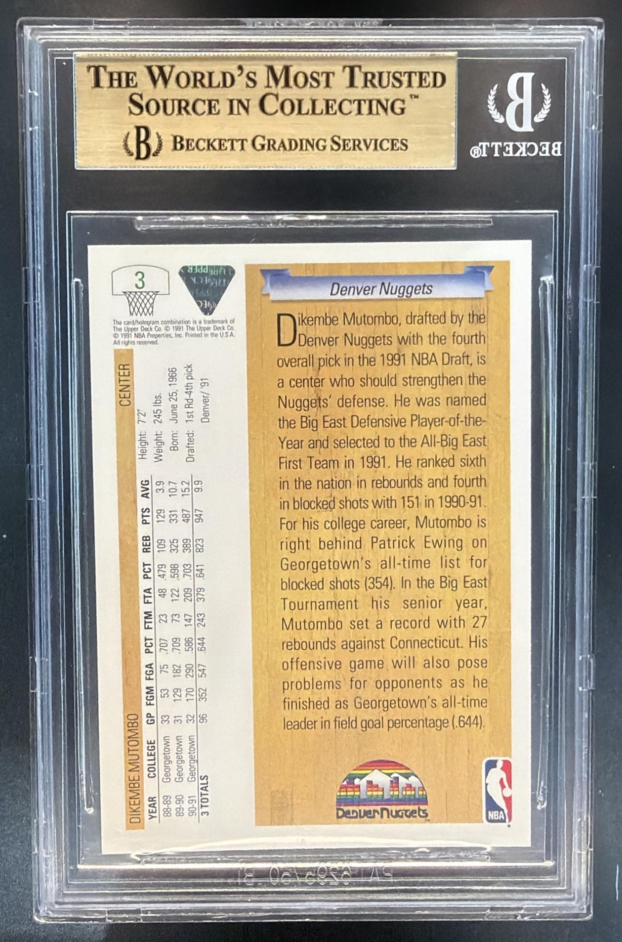 1991-92 Upper Deck Dikembe Mutombo #3 RC Nuggets BGS 9.5 — back