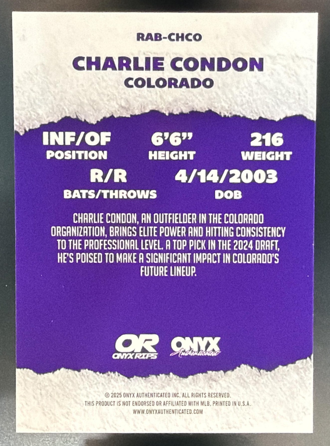2025 Onyx Rips Charlie Condon On Card Auto — back