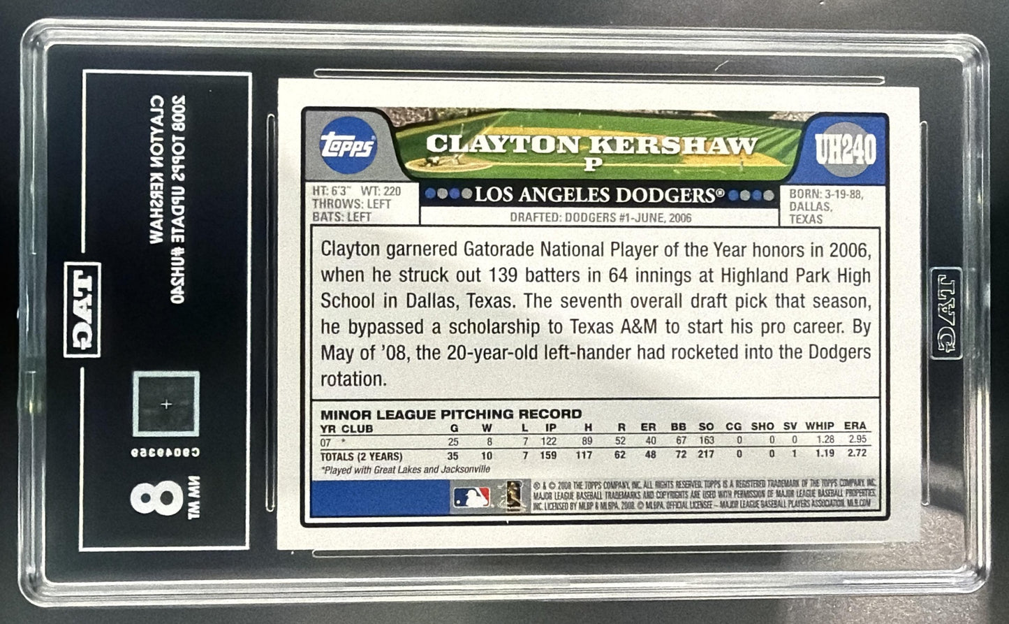 2008 Topps Updates & Highlights Clayton Kershaw #UH240 RC Dodgers TAG 8 — back