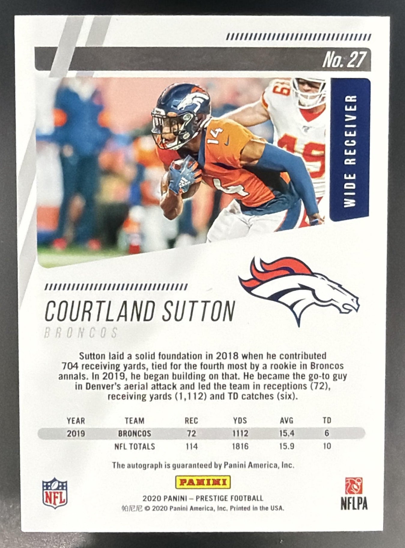 2020 Panini Prestige Courtland Sutton #27 Xtra Points Signatures Auto Broncos — back