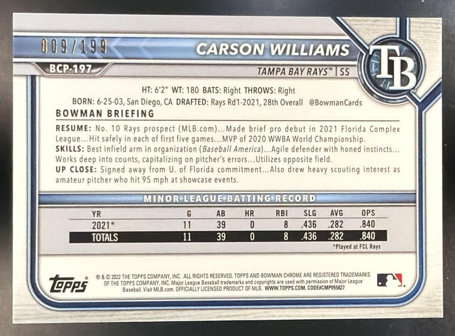 2022 Bowman Chrome Carson Williams #BCP-197 Prospects Pink Vapor Refractor /199 — back
