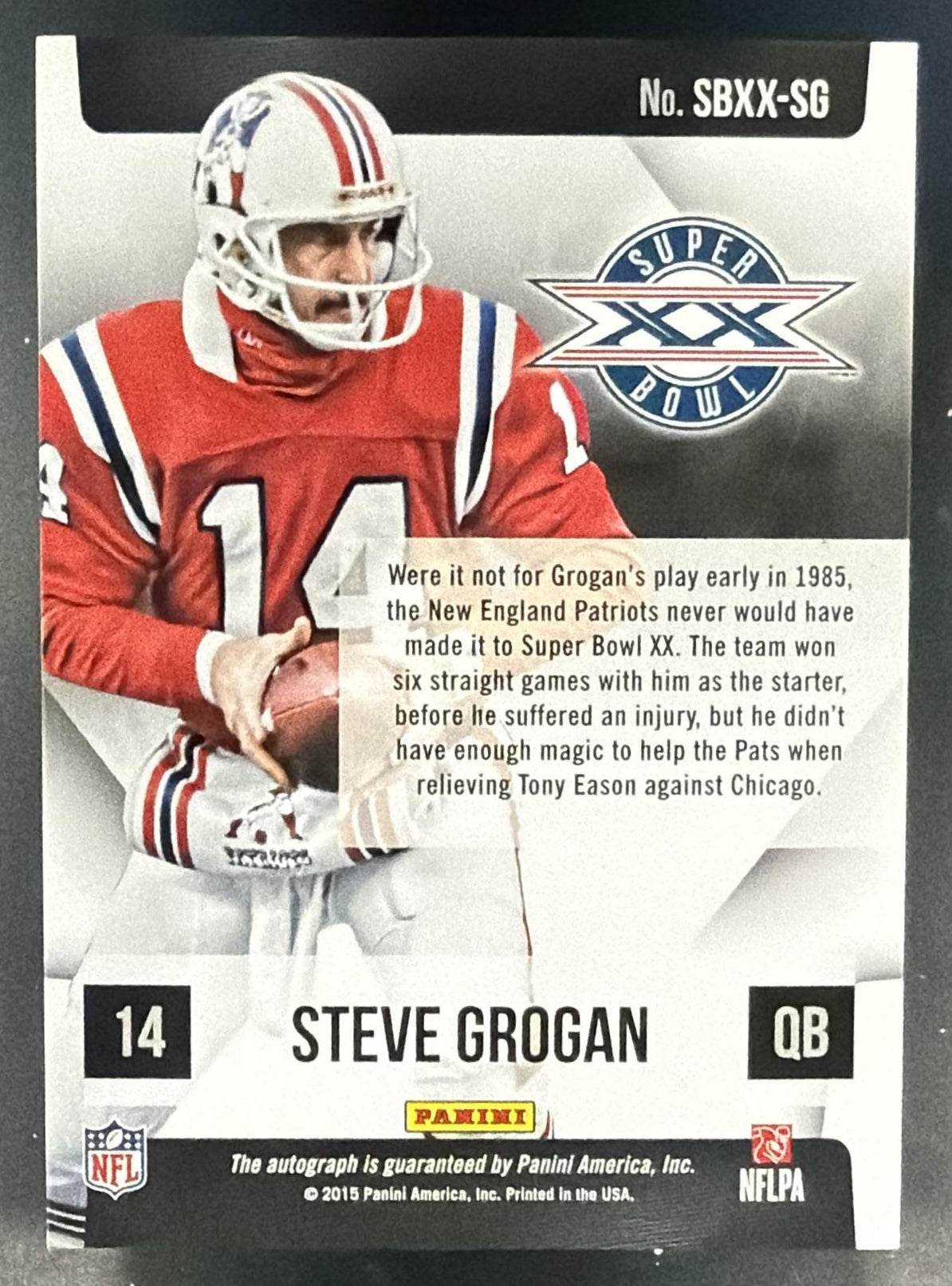 2015 Panini Certified Steve Grogan #SBXX-SG Super Bowl Signatures /500 Auto — back