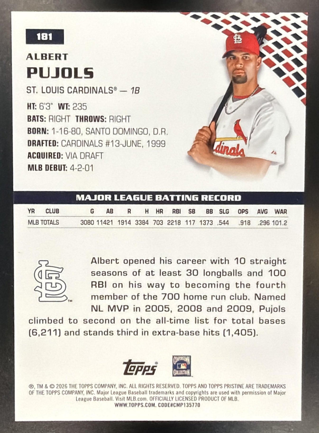 2026 Topps Pristine Albert Pujols #181 Pink Refractor 10/15 Cardinals — back