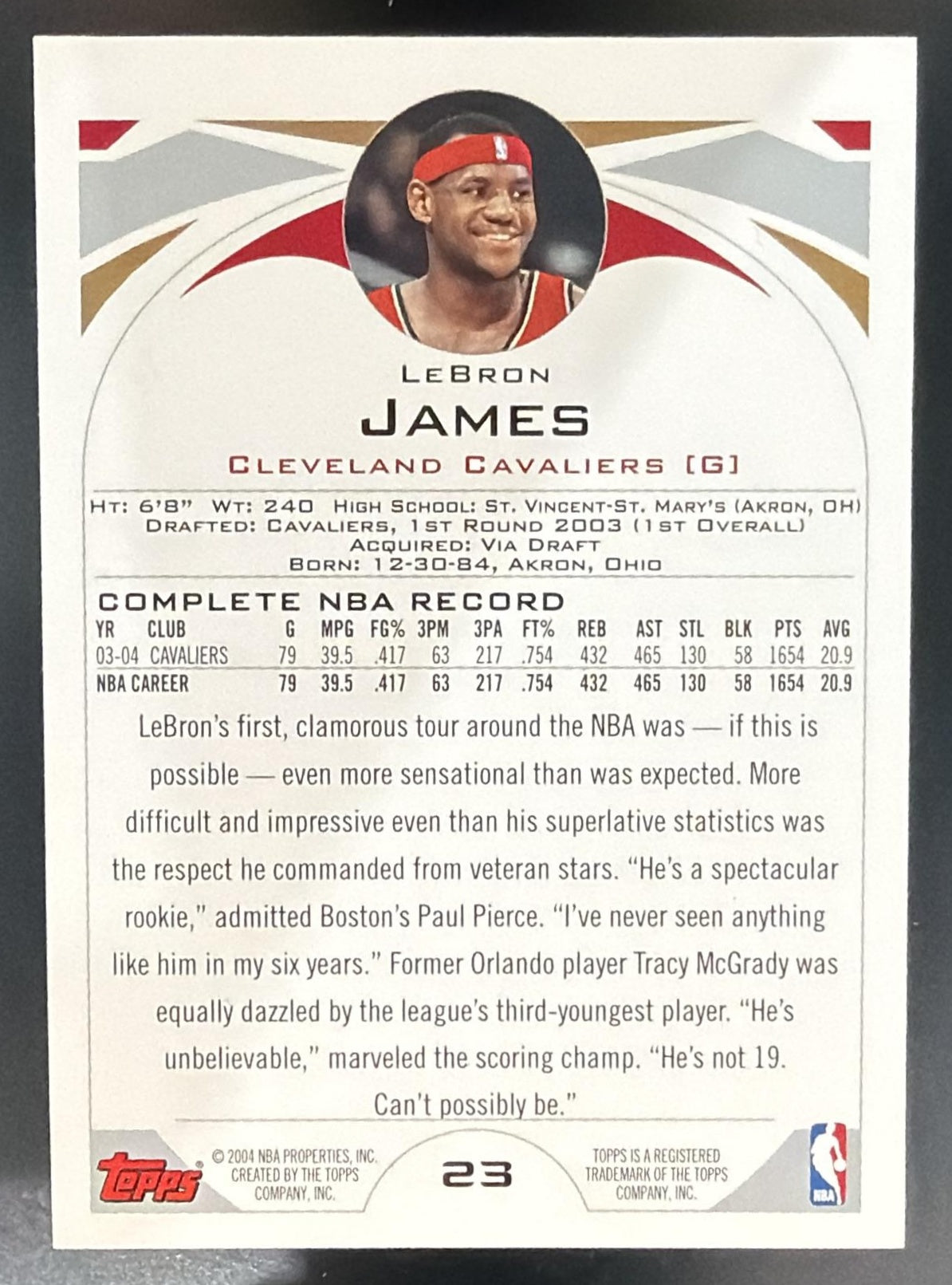 2004-05 Topps LeBron James #23 Cavaliers — back