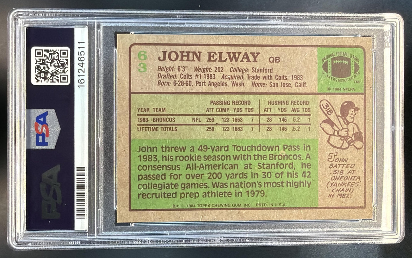 1984 Topps John Elway #63 RC Broncos PSA 8 — back