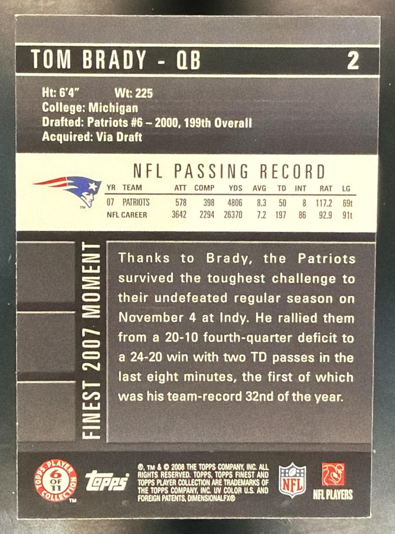 2008 Topps Finest Tom Brady #2 Patriots — back