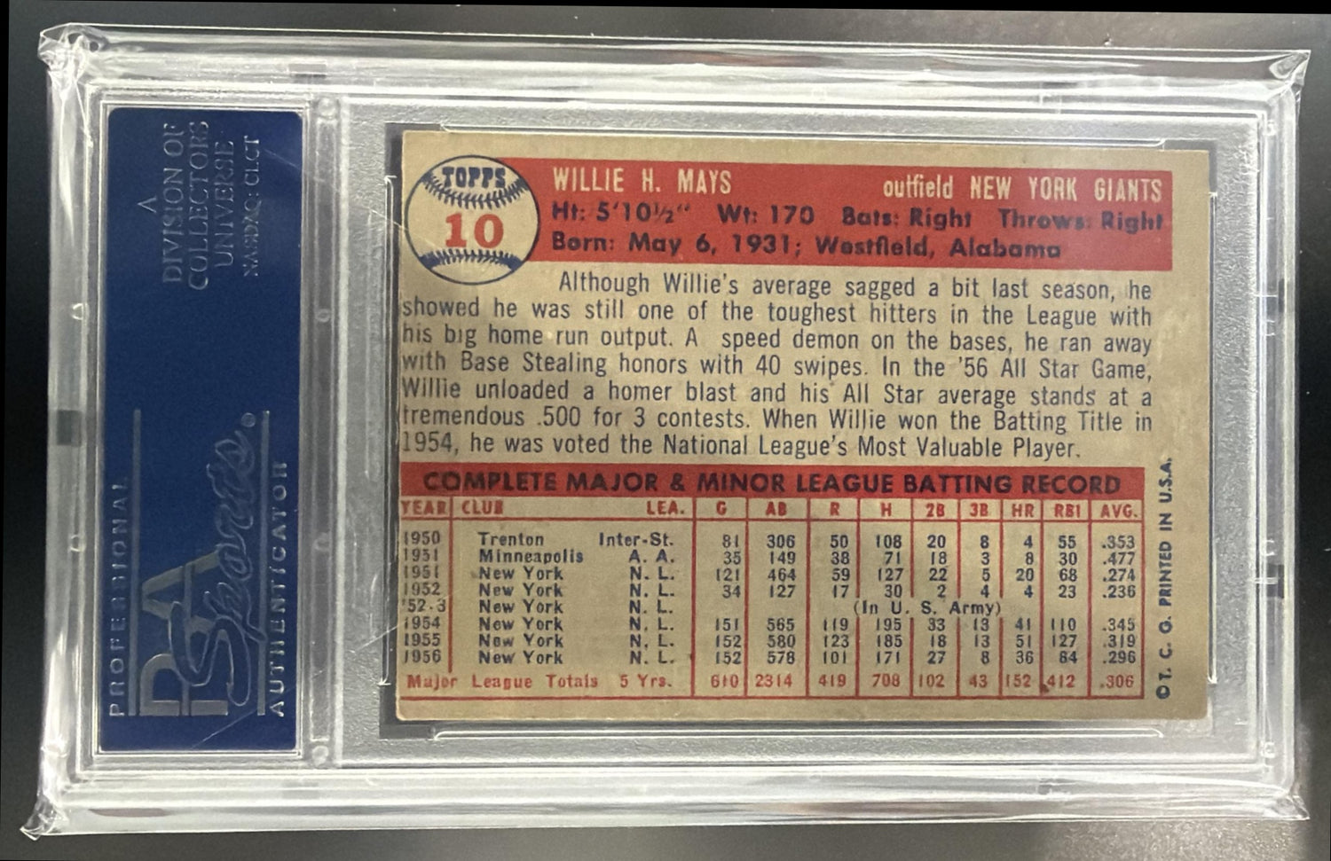 1957 Topps Willie Mays #10 Giants PSA 4 — back