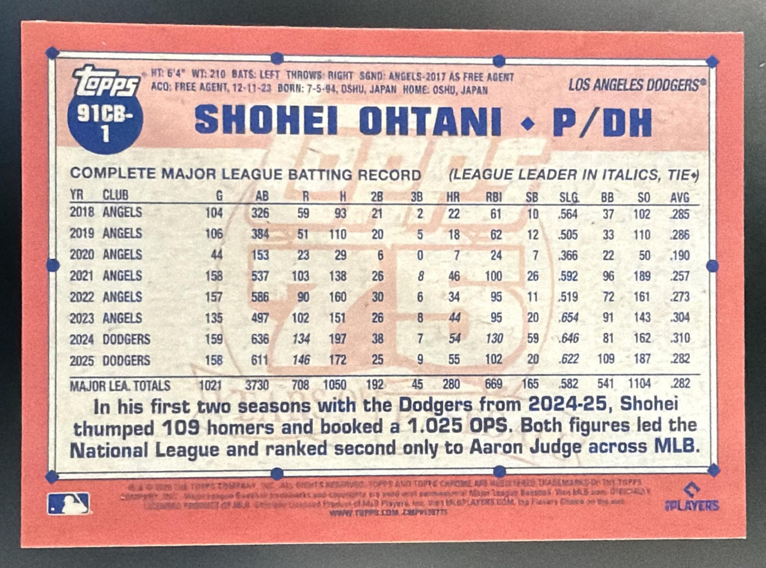 2026 Topps Chrome Shohei Ohtani #91CB-1 1991 Dodgers — back
