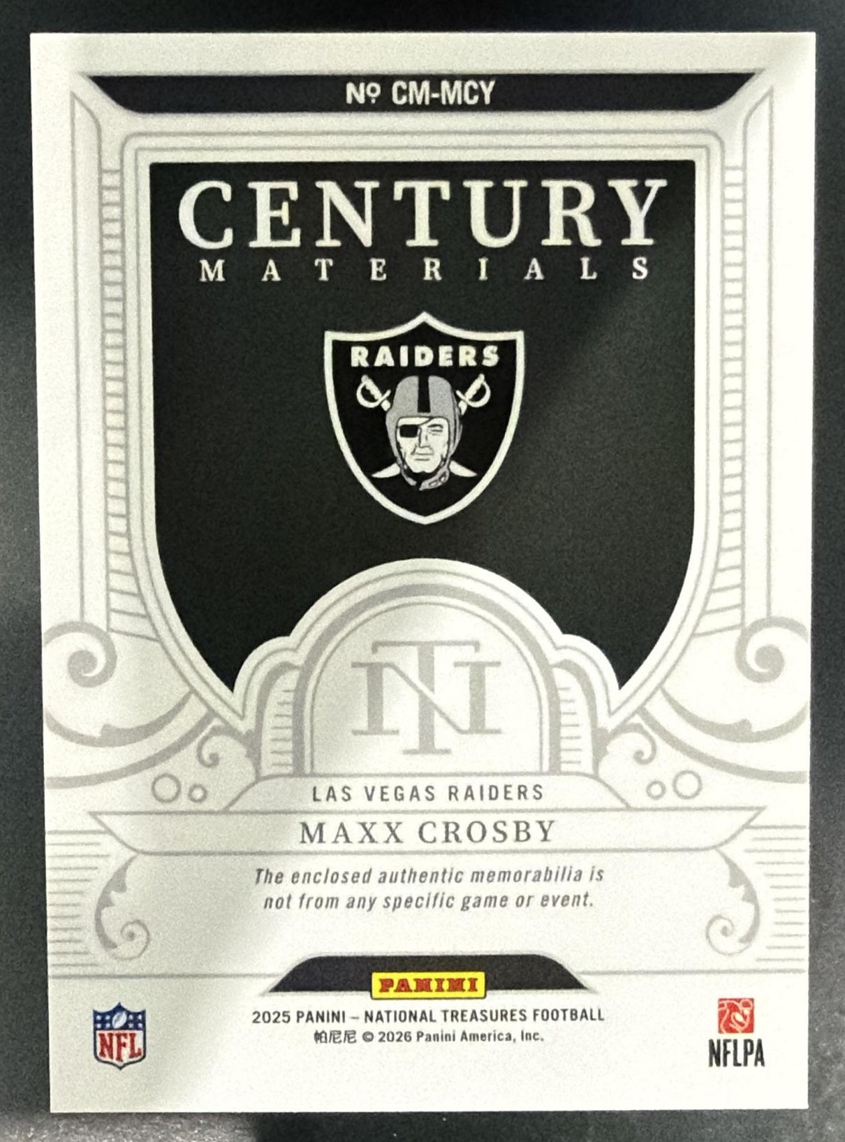 2025 Panini National Treasures Maxx Crosby #CM-MCY Century Materials /99 MEM — back