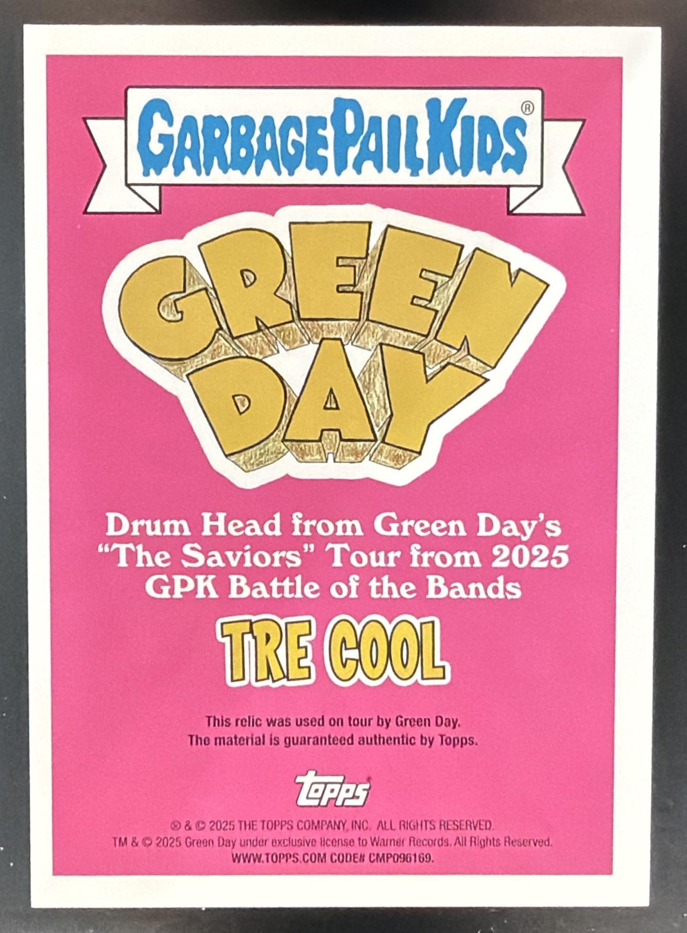2024 Topps GPK Battle of the Bands: Green Day Tre Cool #TR-TC Tour Relics — back