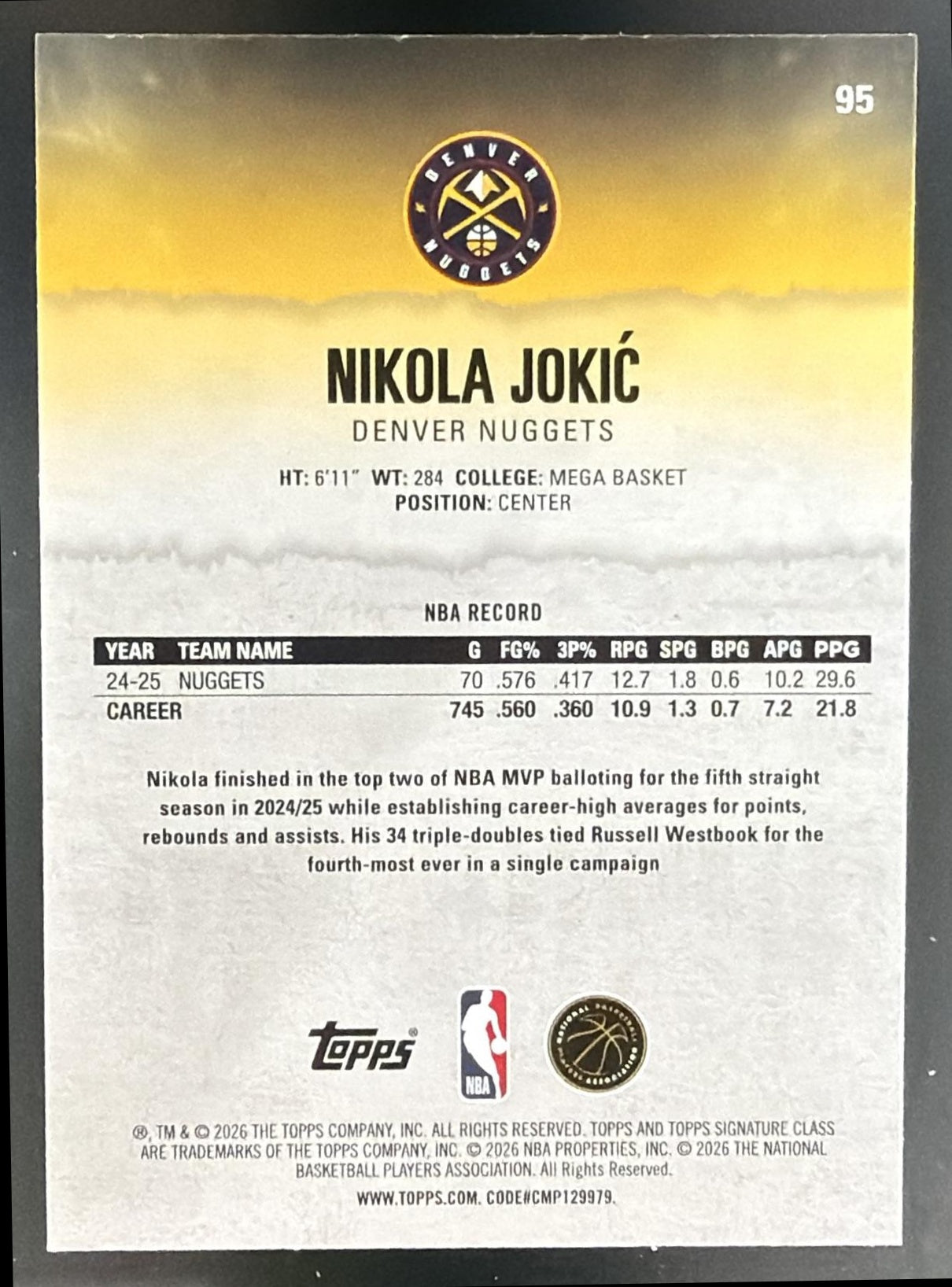 2025-26 Topps Signature Class Nikola Jokic #95 Veteran Lime Foil 128/175 Nuggets — back