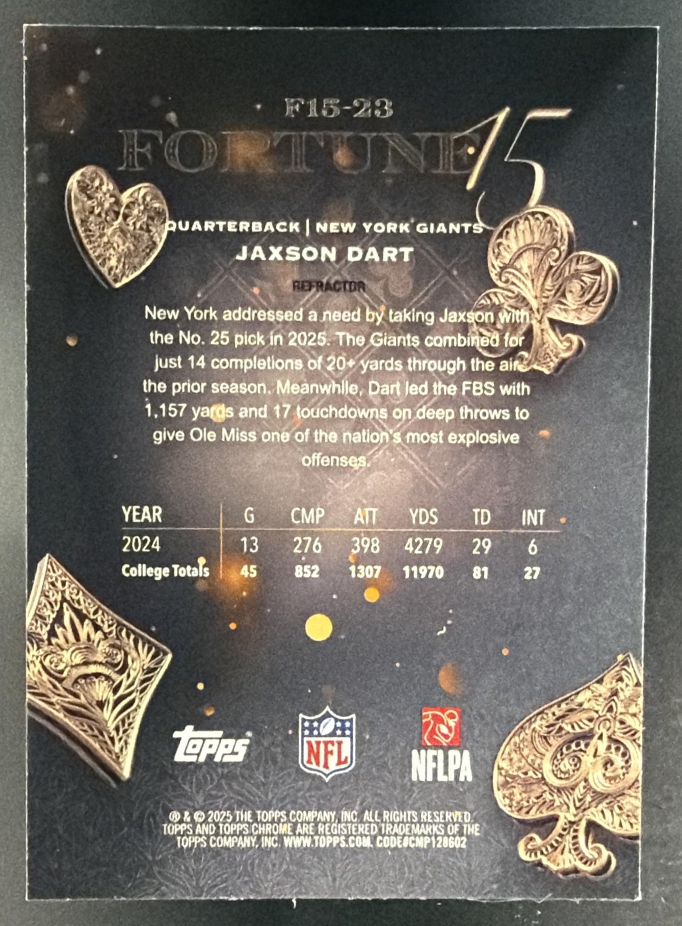 2025 Topps Chrome Jaxson Dart #F15-23 Fortune 15 Refractor RC Giants — back