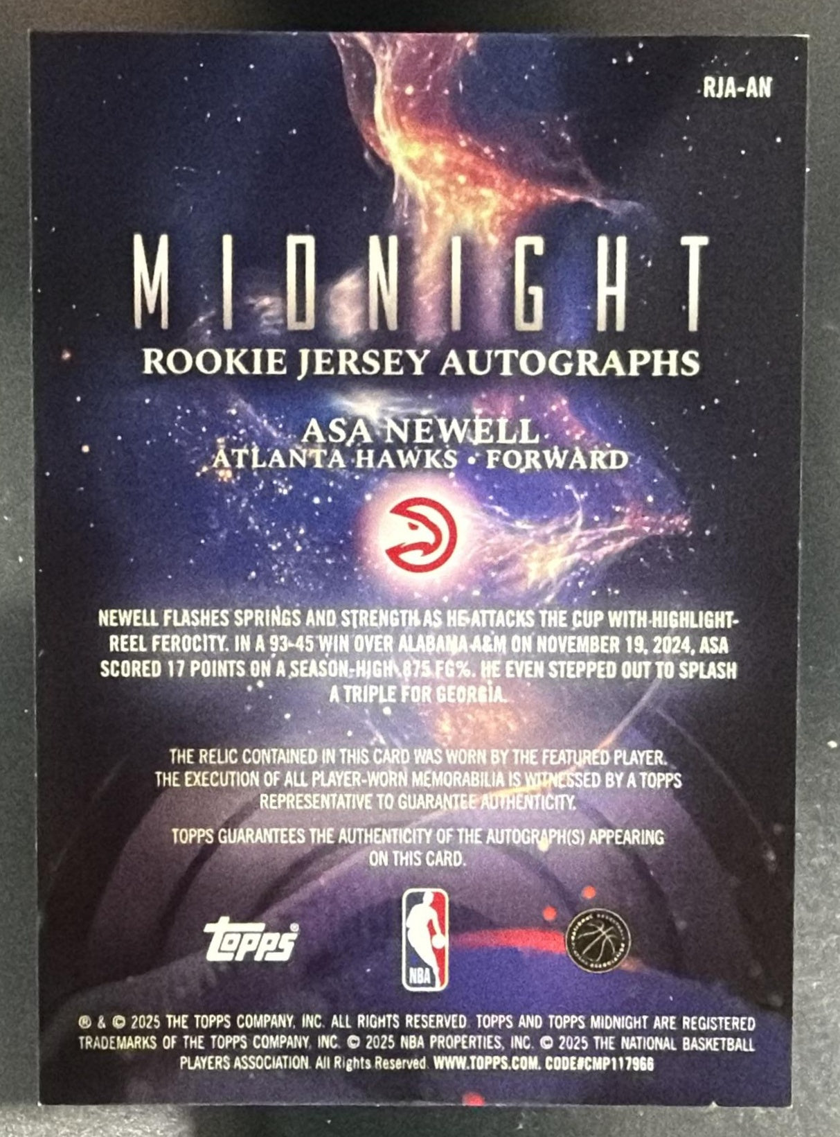 2025 Topps Midnight Asa Newell #RJA-AN Rookie Jersey Auto Twilight /199 RC — back