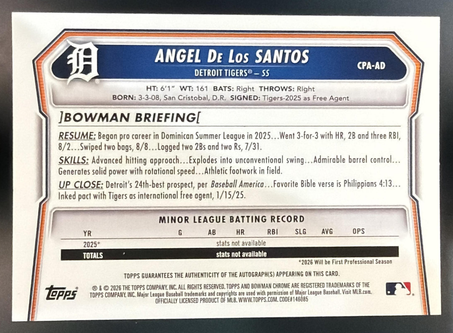 2026 Bowman Chrome Angel De Los Santos Auto Orange Refractor /25 1st Prospect — back