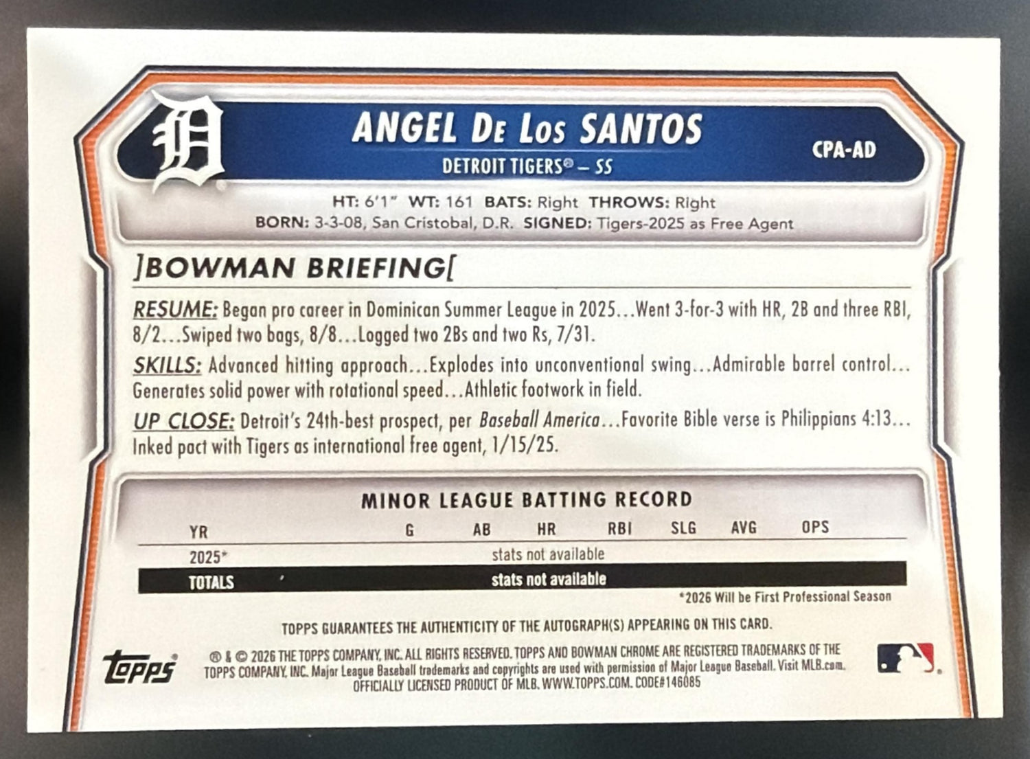 2026 Bowman Chrome Angel De Los Santos Auto Orange Refractor /25 1st Prospect — back
