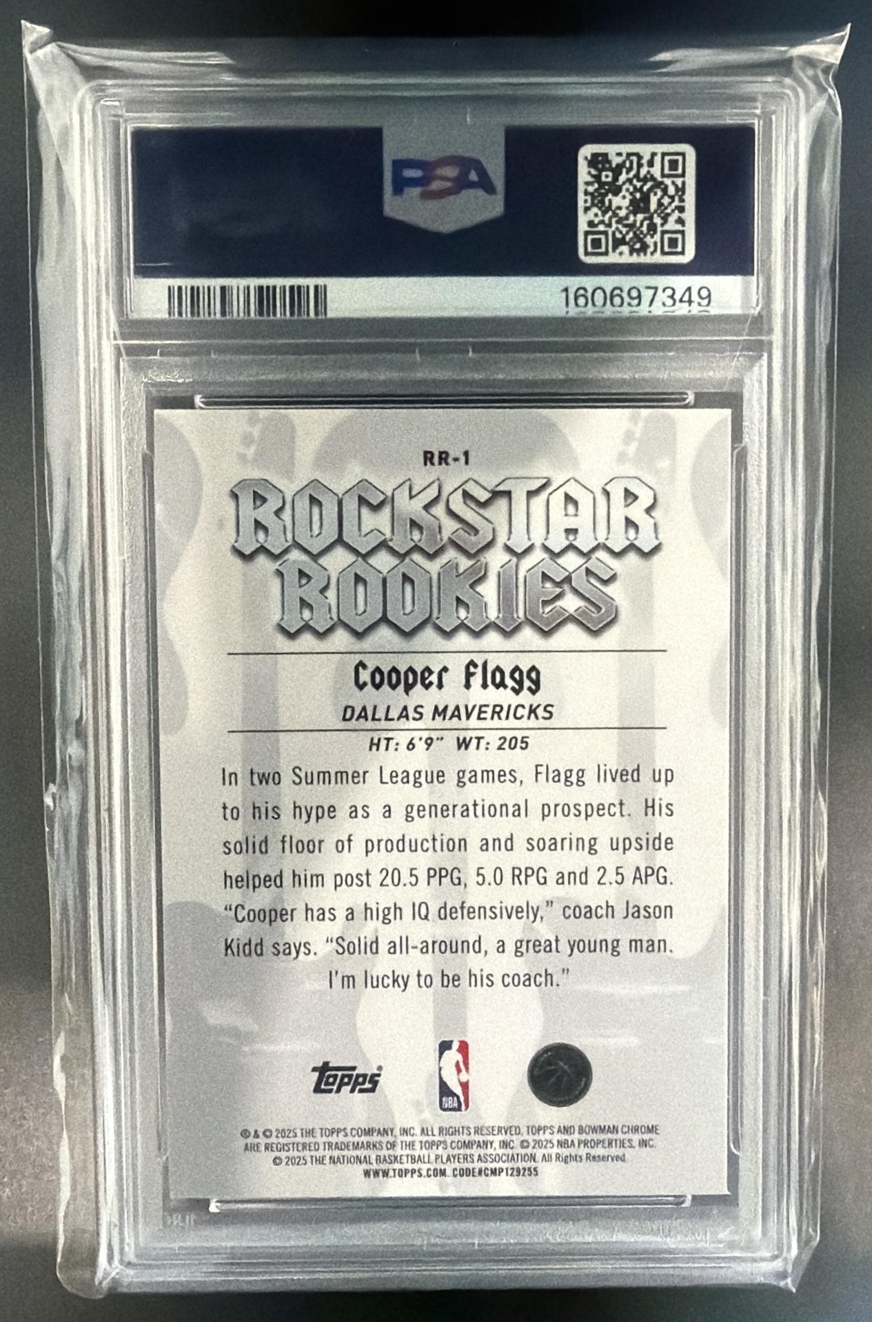 2025-26 Bowman Cooper Flagg #RR-1 Chrome Rockstar Rookies RC Mavericks PSA 10 — back