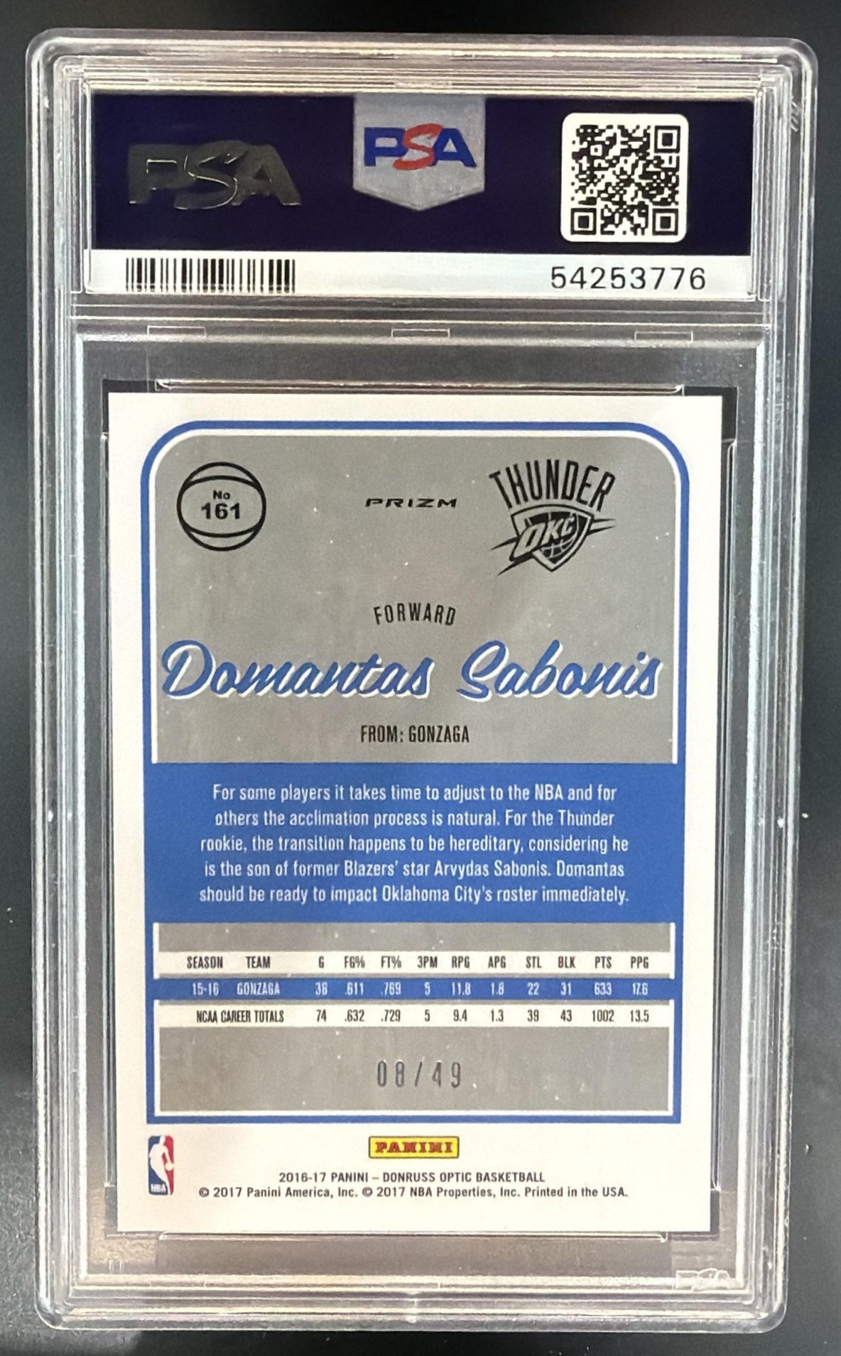 2016-17 Panini Donruss Optic Domantas Sabonis #161 Blue 8/49 RC Thunder PSA 10 — back