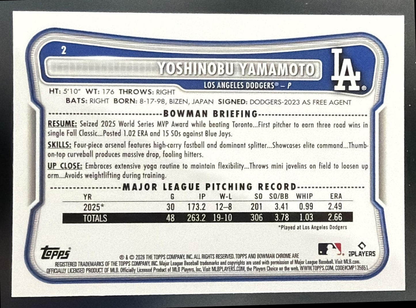 2026 Bowman Mega Box Yoshinobu Yamamoto #2 Chrome Sky Blue Mojo Refractor /499 — back