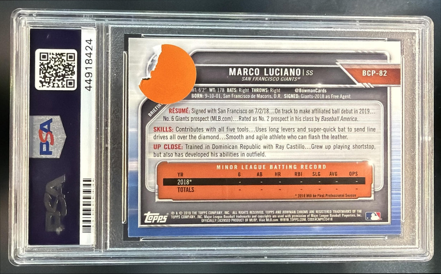 2019 Bowman Marco Luciano Chrome Prospects Mega Box Mojo Refractor PSA 10 — back