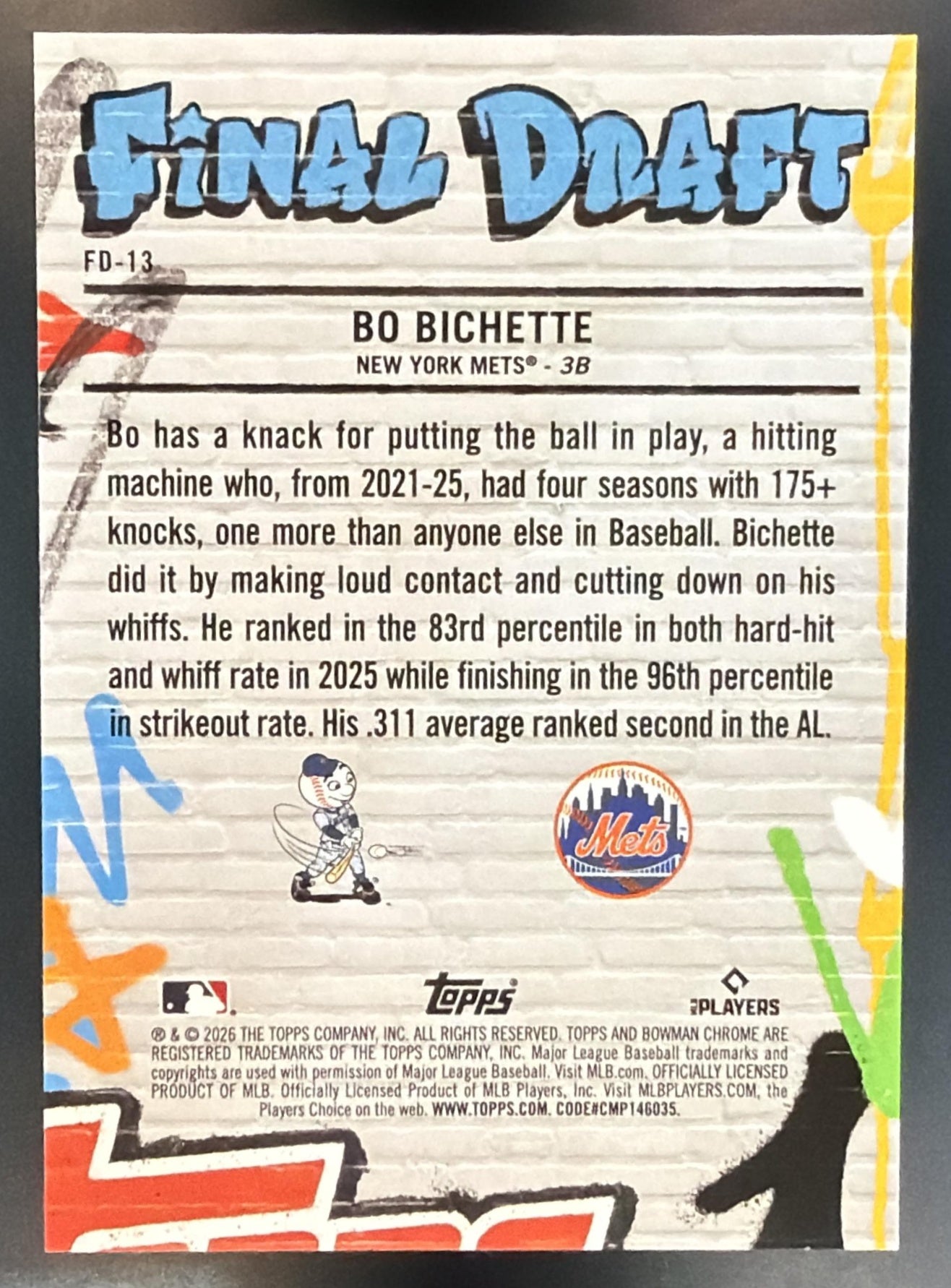 2026 Bowman Chrome Bo Bichette #FD-13 Final Draft Mets — back