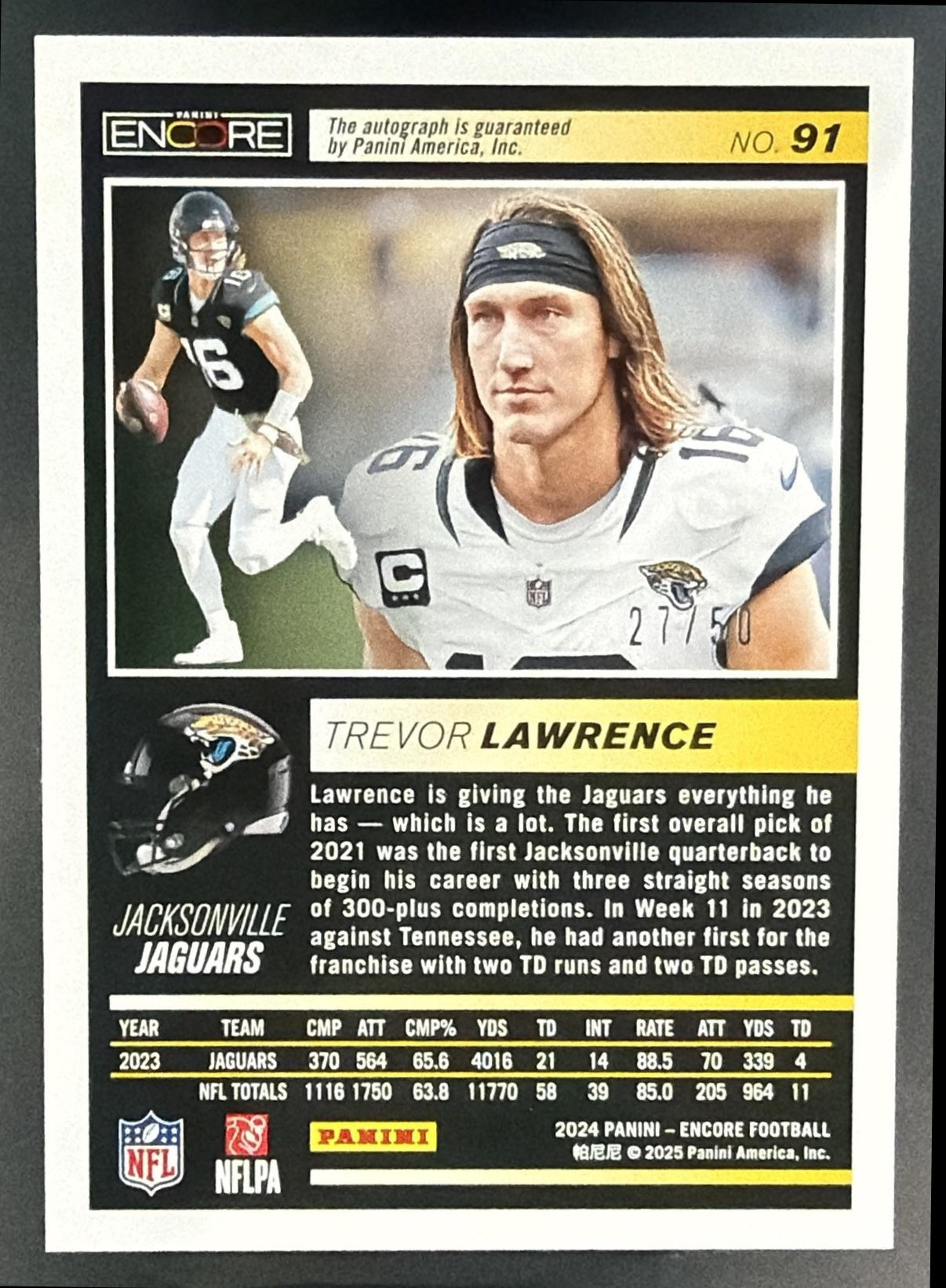 2024 Panini Encore Trevor Lawrence #91 Auto 27/50 Jaguars — back