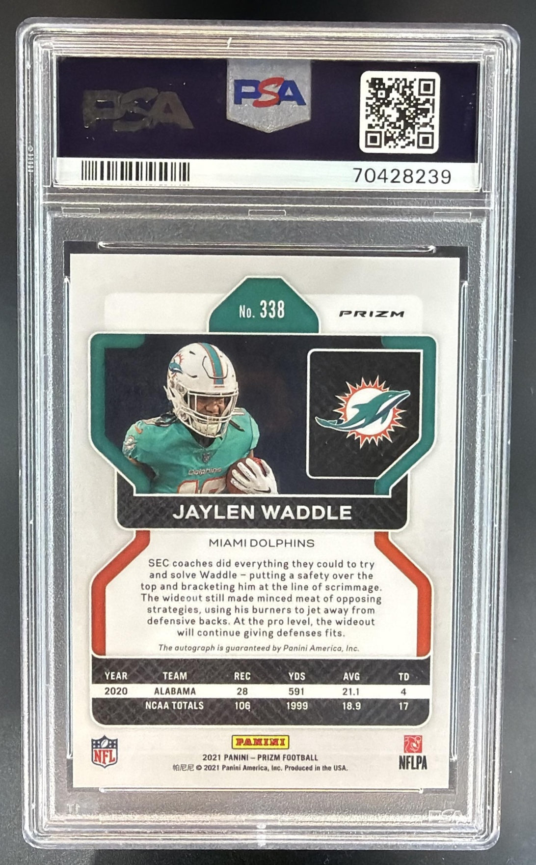 2021 Panini Prizm Jaylen Waddle #338 Rookie Auto Silver RC Dolphins PSA 9 — back