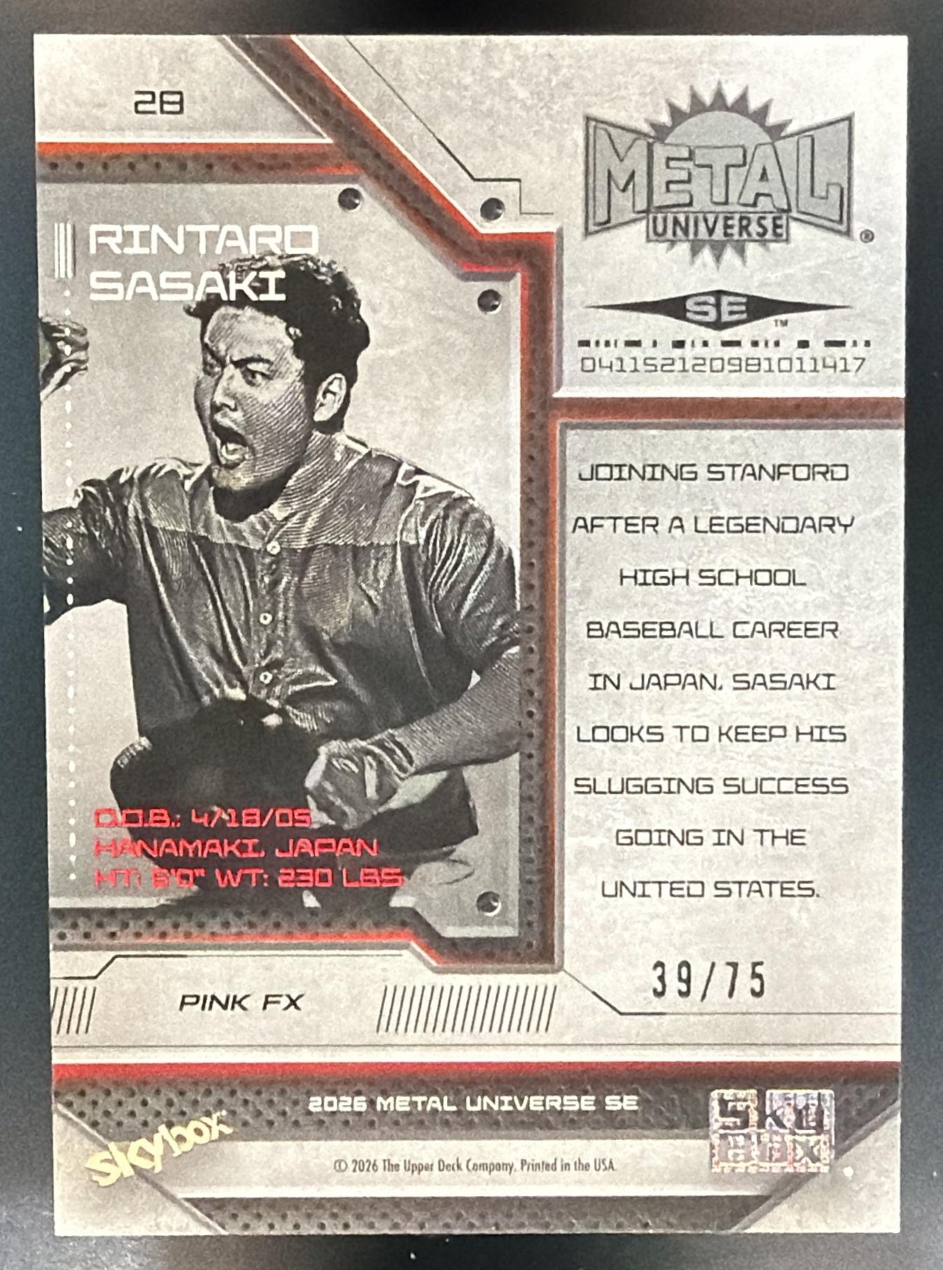 2026 Skybox Metal Universe SE Rintaro Sasaki #28 Pink FX 39/75 Rated Prospect — back