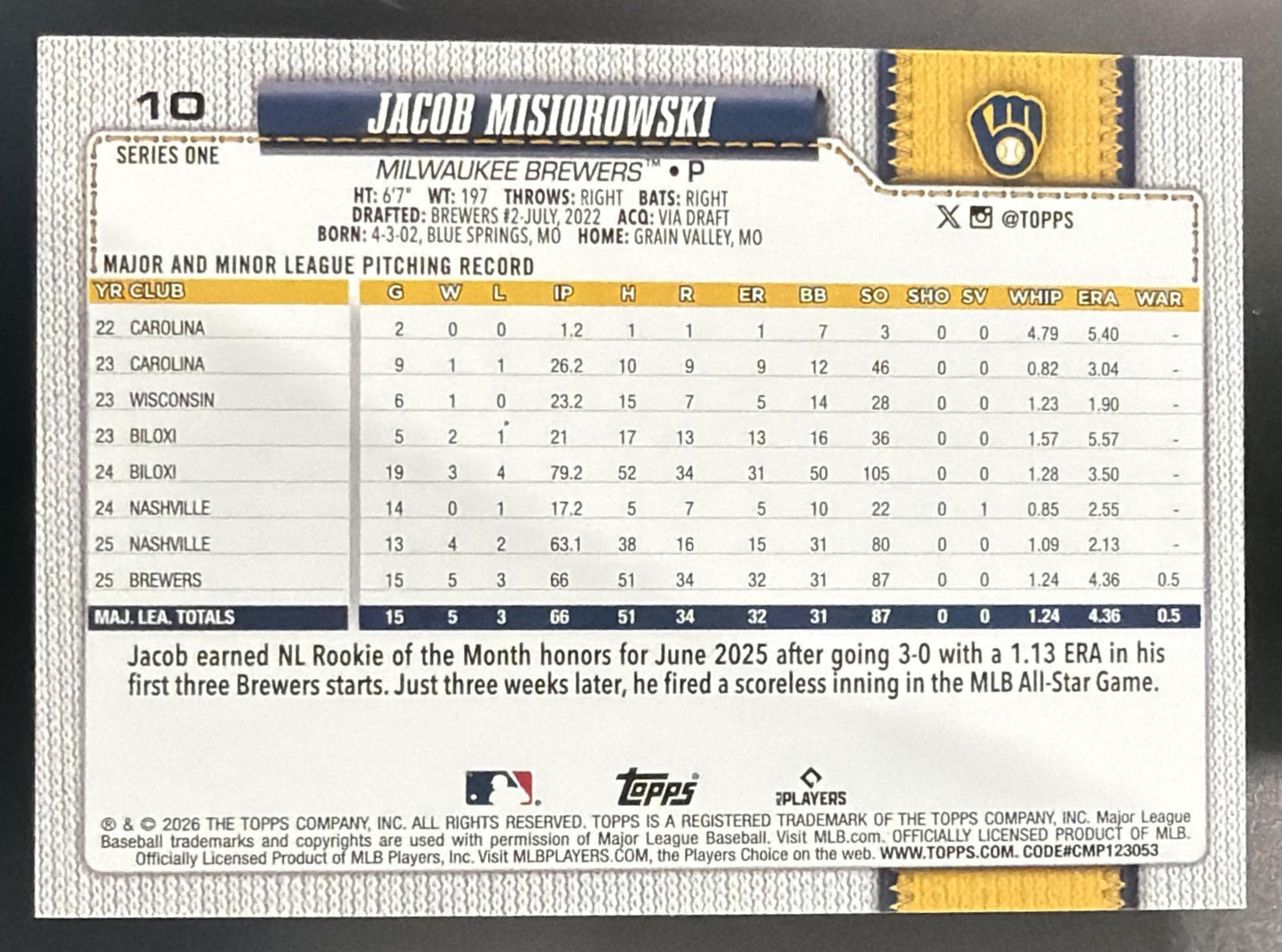2026 Topps Series 1 Jacob Misiorowski #10 Diamante Foil RC Brewers — back