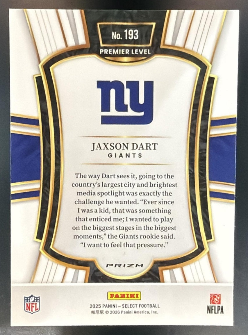2025 Panini Select Jaxson Dart #193 Premier Level Black and Red Prizm Shock RC — back