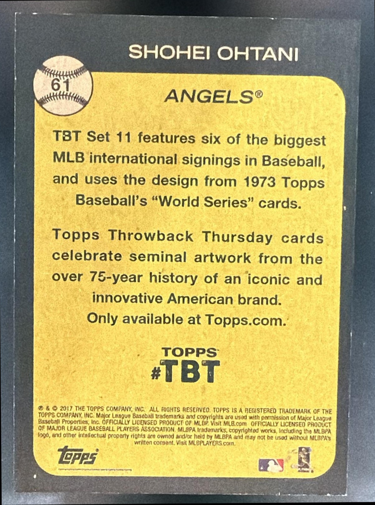 2018 Topps Throwback Thursday Shohei Ohtani #61 RC Angels — back