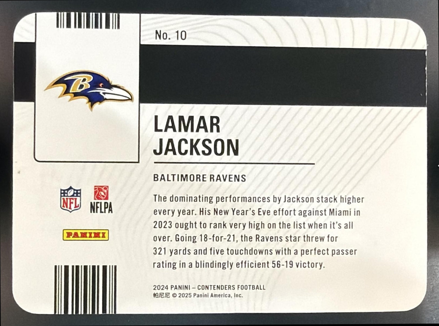 2024 Panini Contenders Lamar Jackson #10 License to Dominate Ravens — back