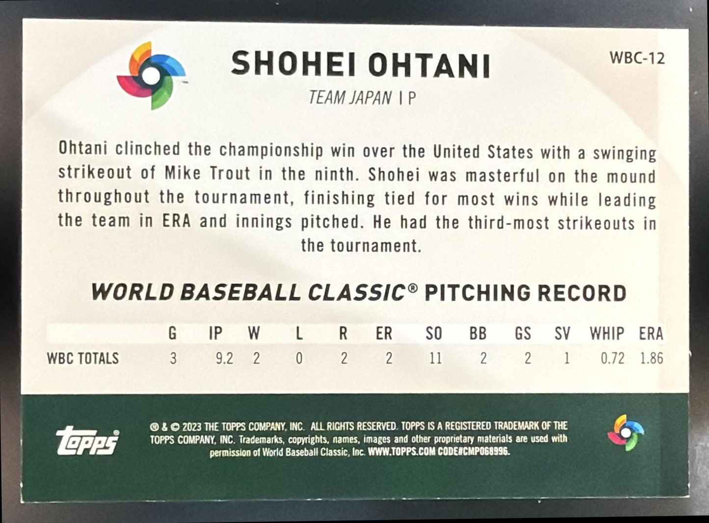 2023 Topps Japan Edition Shohei Ohtani #WBC-12 WBC Japanese National Team — back