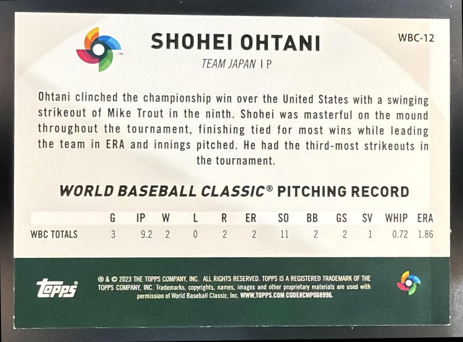 2023 Topps Japan Edition Shohei Ohtani #WBC-12 WBC Japanese National Team — back