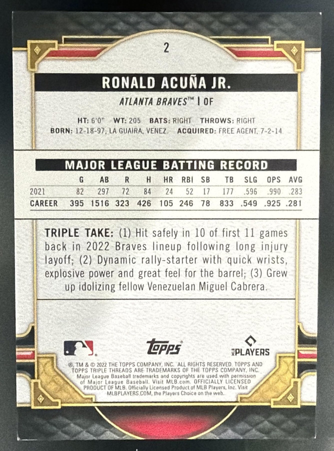 2022 Topps Triple Threads Ronald Acuna Jr. #2 Amber 184/199 Braves — back