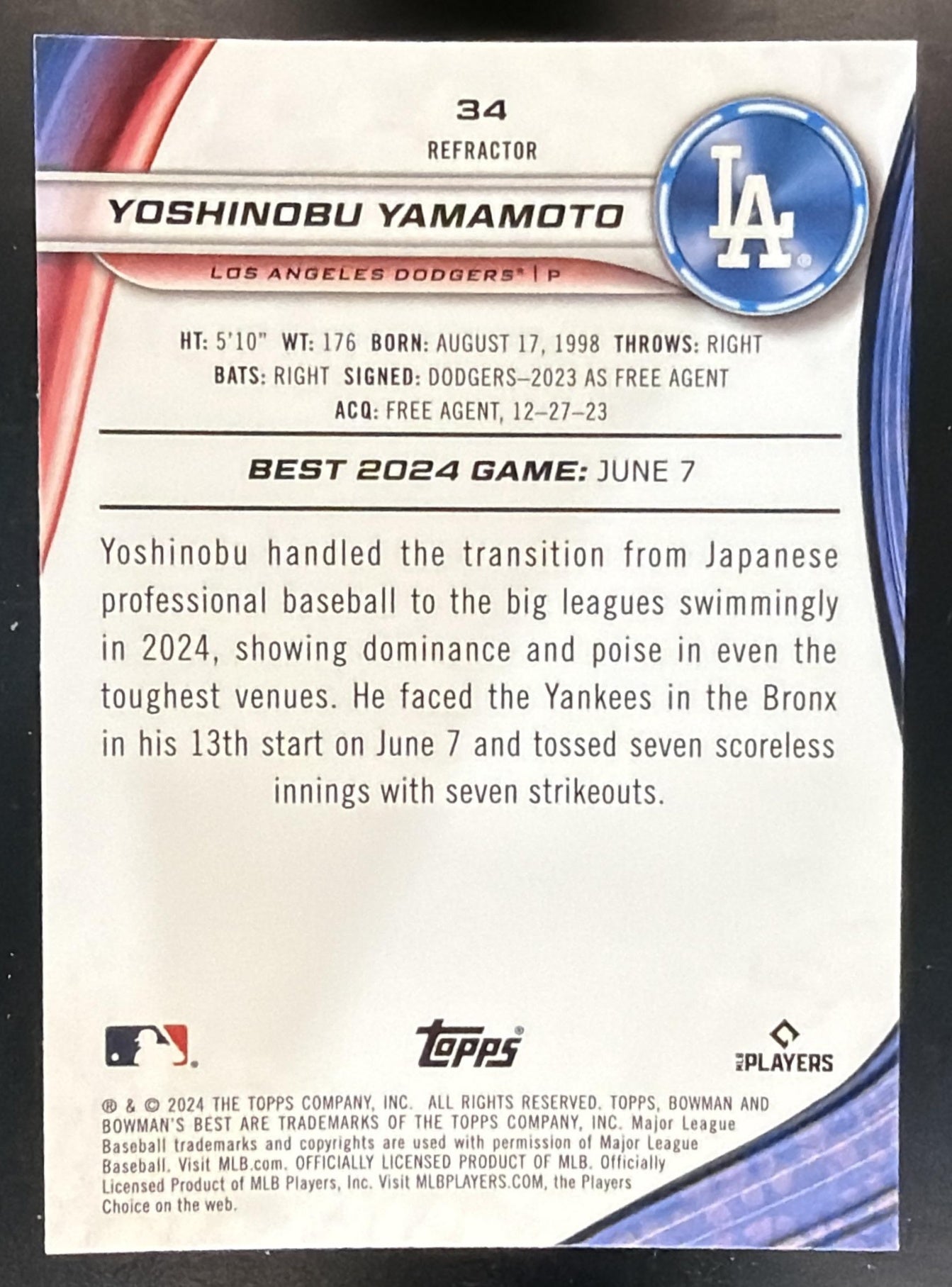 2024 Bowman's Best Yoshinobu Yamamoto #34 Refractor RC Dodgers — back