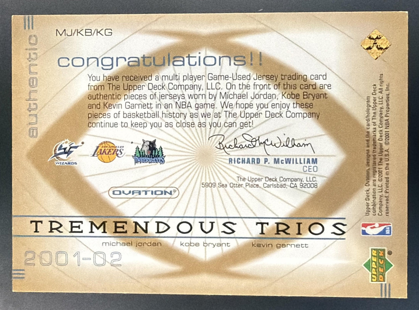 2001 UD Ovation Michael Jordan Kobe Bryant Kevin Garnett Tremendous Trios MEM — back