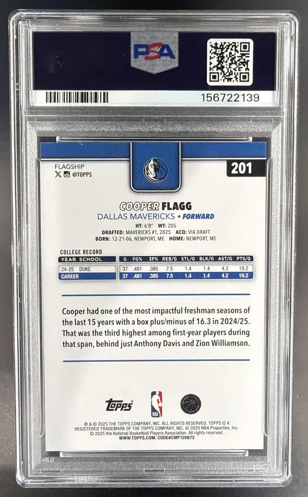 2025-26 Topps Cooper Flagg #201 RC Mavericks PSA 9 — back