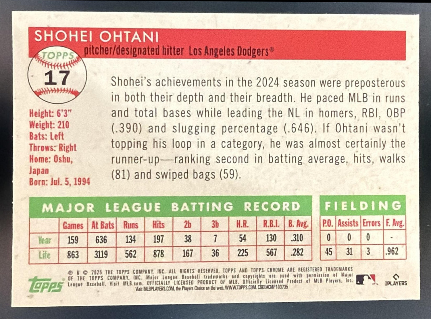 2025 Topps Chrome Platinum Anniversary Shohei Ohtani White/Green Refractor /99 — back