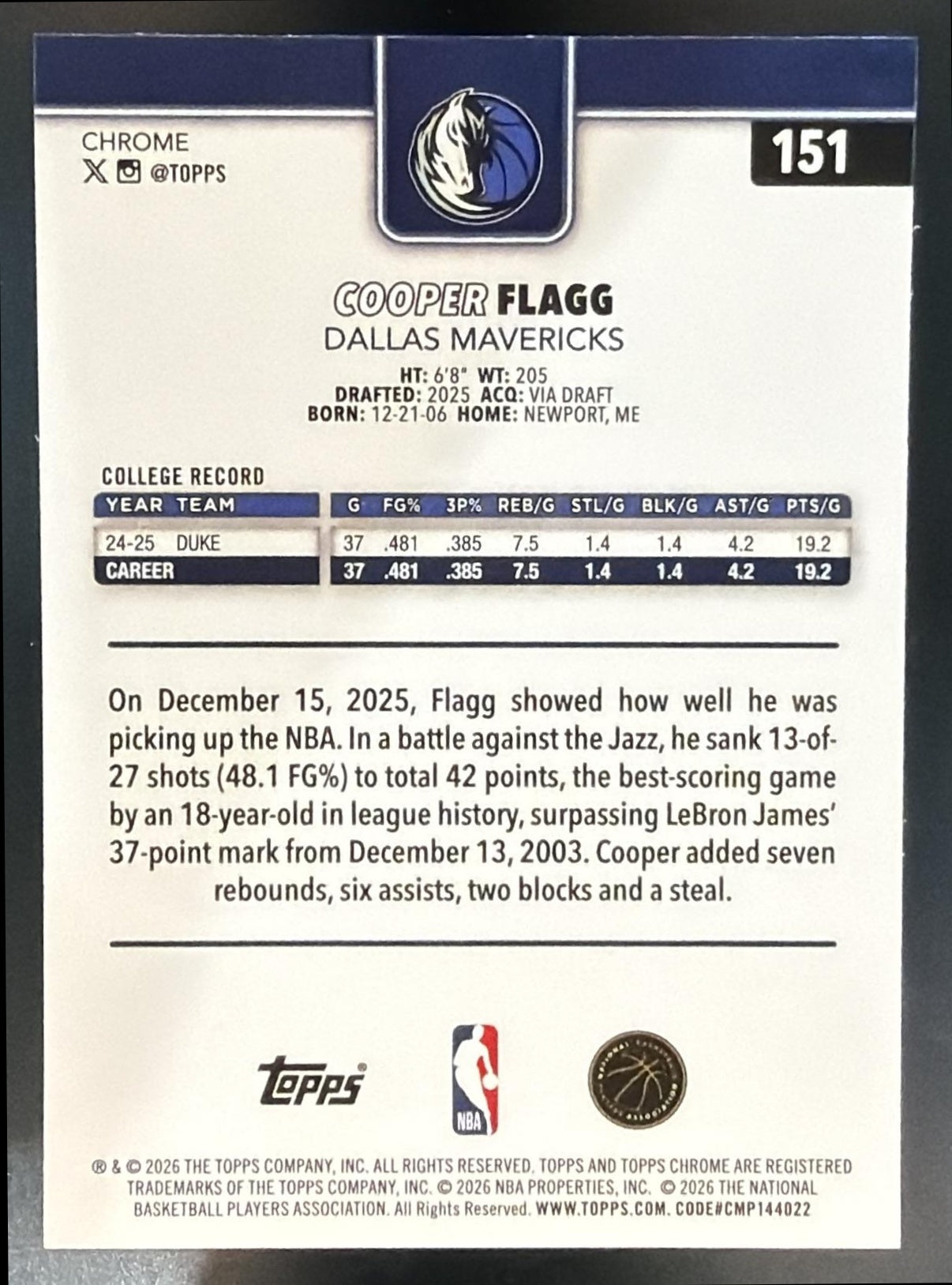 2025-26 Topps Chrome Update Cooper Flagg #151 RC Mavericks — back