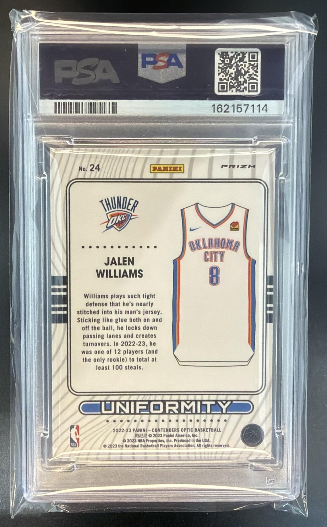 2022 Panini Contenders Optic Jalen Williams #24 Uniformity Silver Prizm RC PSA 8 — back