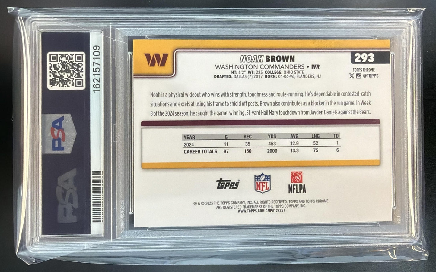 2025 Topps Chrome Noah Brown #293 Football Leather Purple Refractor /75 PSA 8 — back