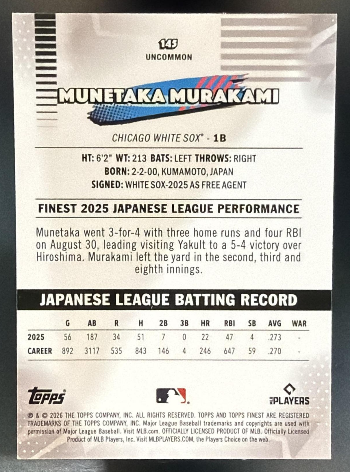 2026 Topps Finest Munetaka Murakami #145 Uncommon Mini-Diamond Refractor RC — back