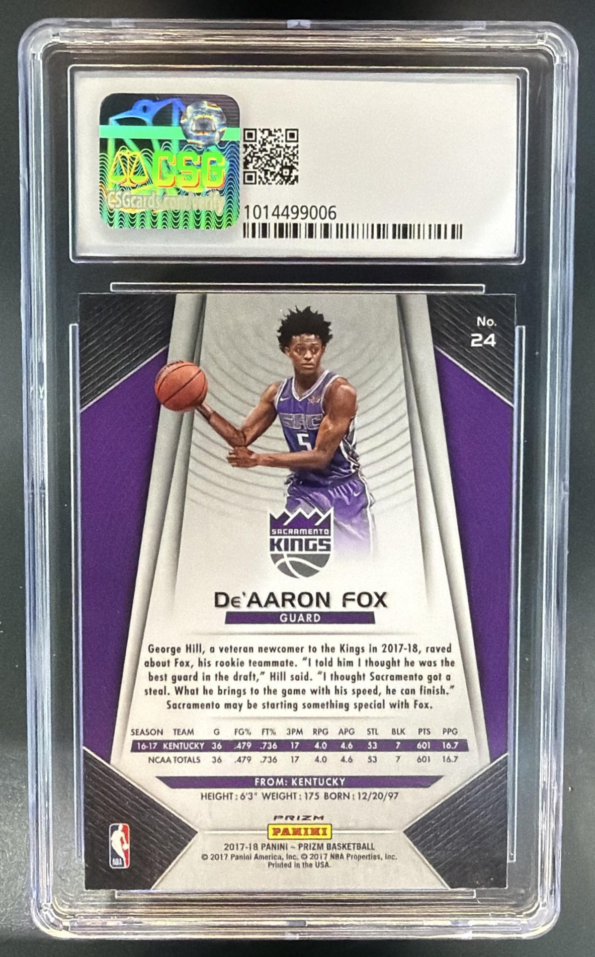 2017-18 Panini Select De'Aaron Fox #175 Tri Color Prizms RC Premier Level Kings — back
