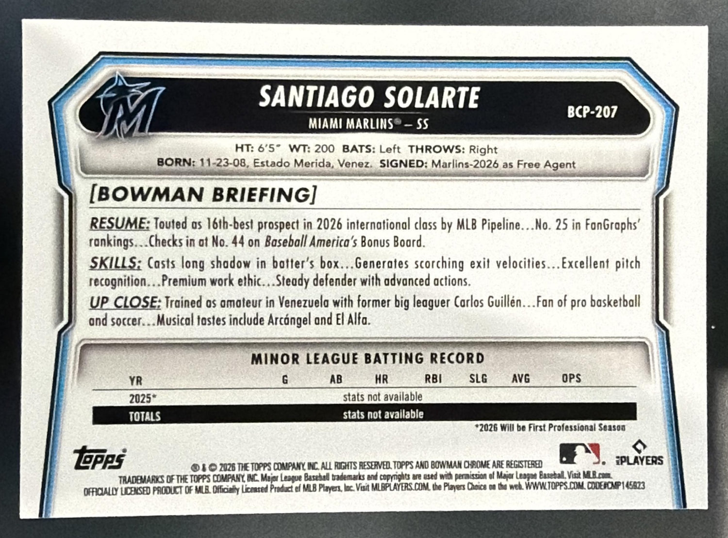 2026 Bowman Chrome Santiago Solarte #BCP-207 Pop Corn Refractor SP 1st Prospect — back