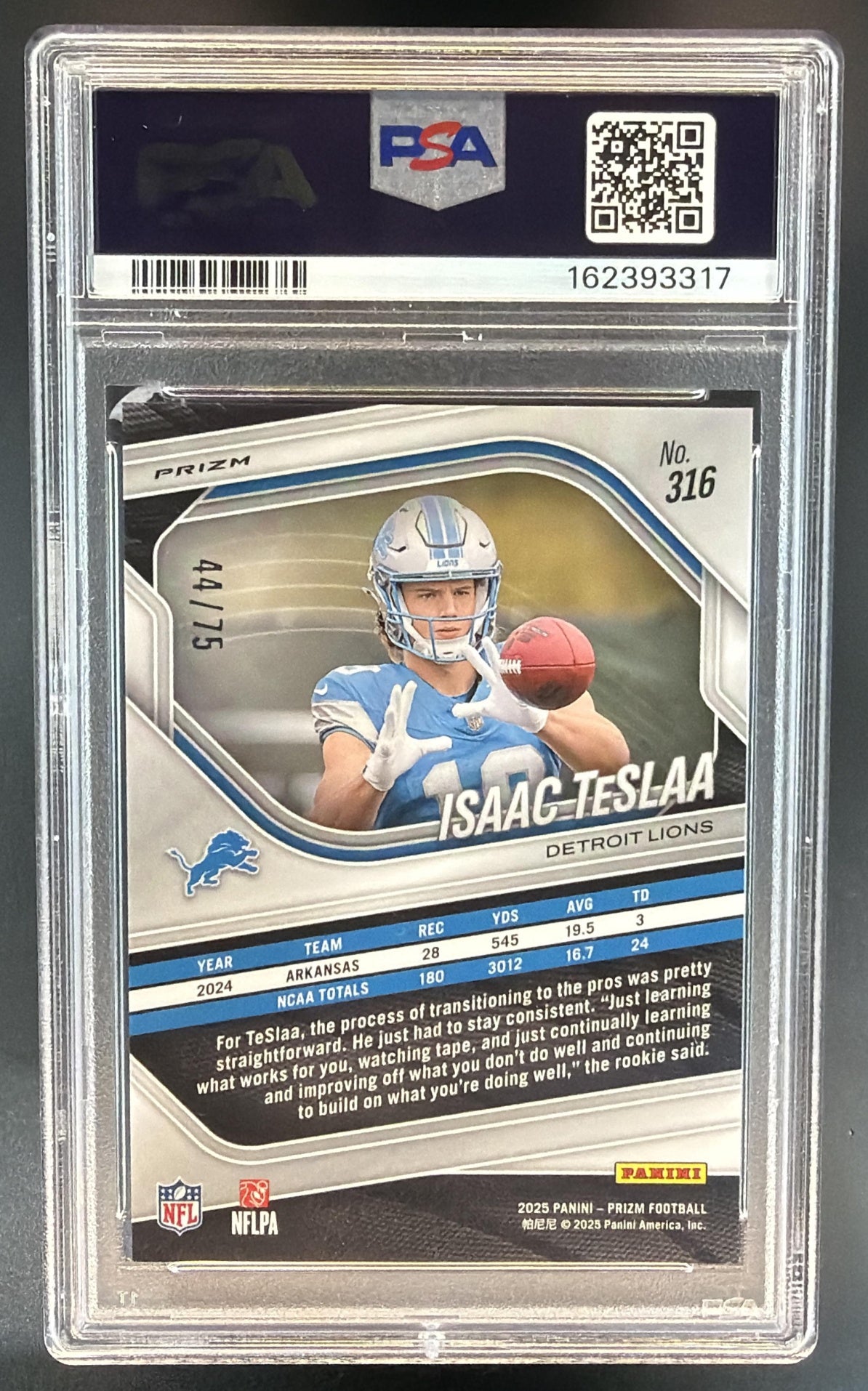 2025 Panini Prizm Isaac TeSlaa #316 Green Scope 44/75 RC Lions PSA 9 — back