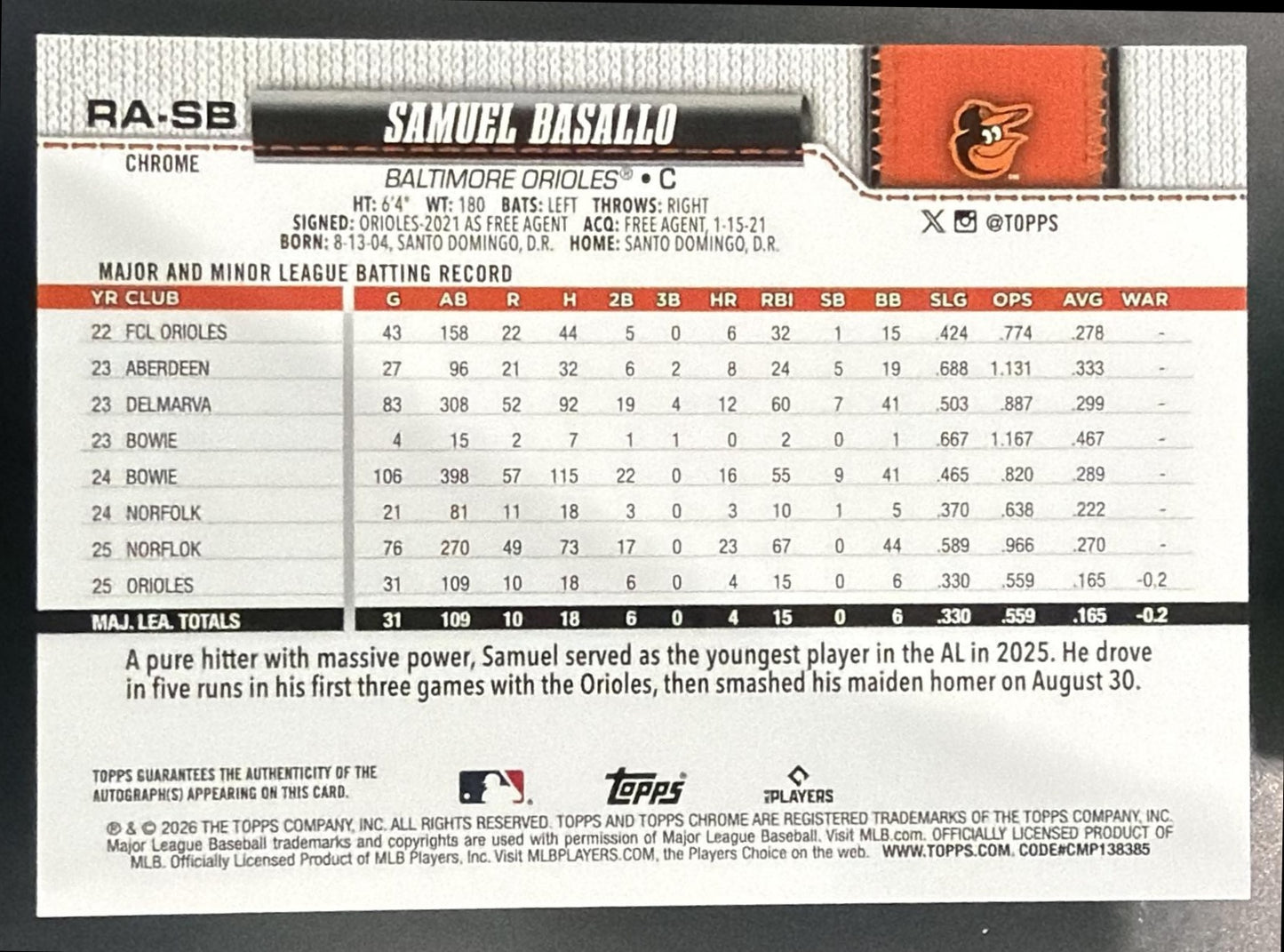 2026 Topps Chrome Samuel Basallo #RA-SB Rookie Auto Yellow Refractor /275 RC — back