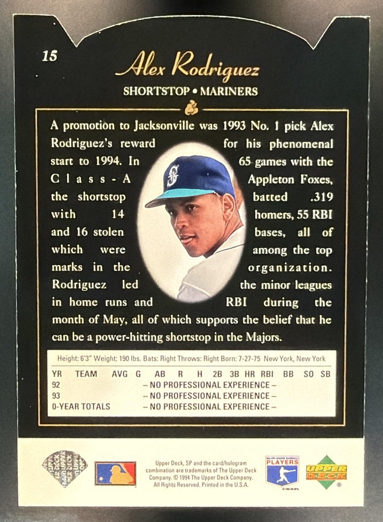 1994 SP Alex Rodriguez #15 Die Cut RC Mariners — back