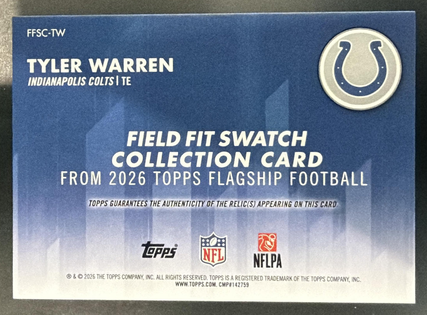 2026 Topps Tyler Warren #FFSC-TW Field Fit Swatch Collection MEM Colts — back