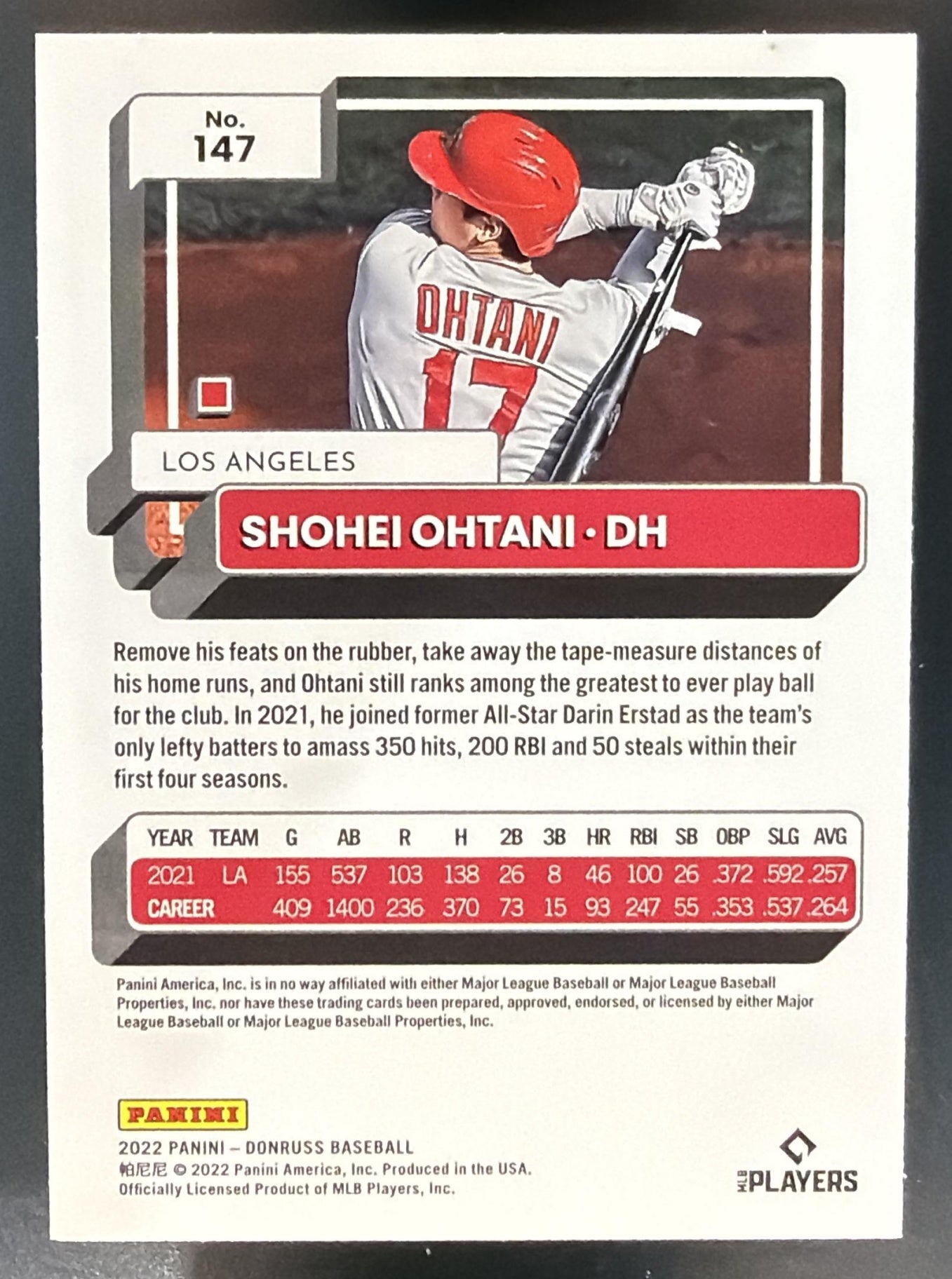 2022 Panini Donruss Shohei Ohtani #147 Holo Blue Angels — back