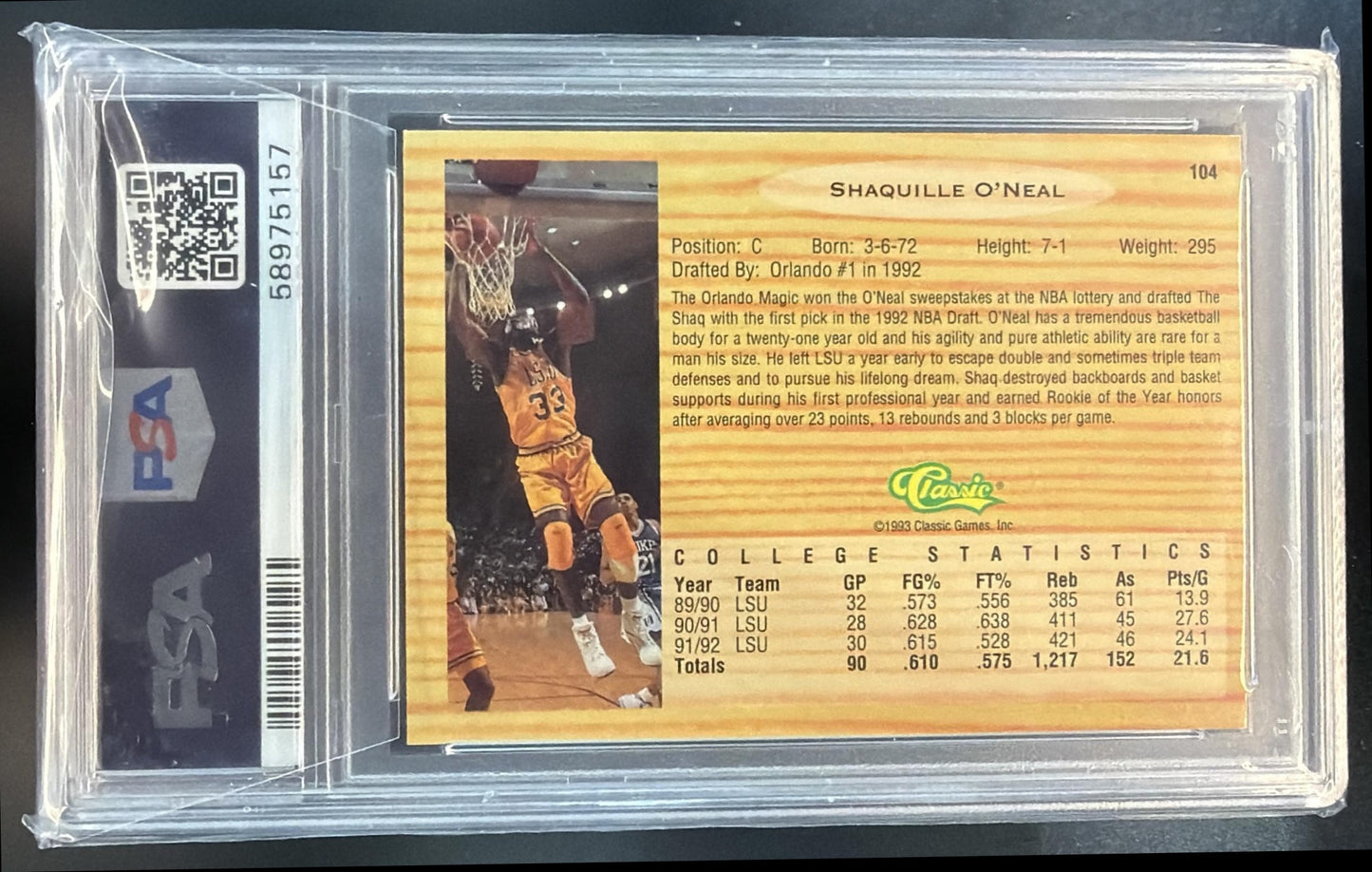 1993 Classic Shaquille O'Neal #104 PSA 5 — back